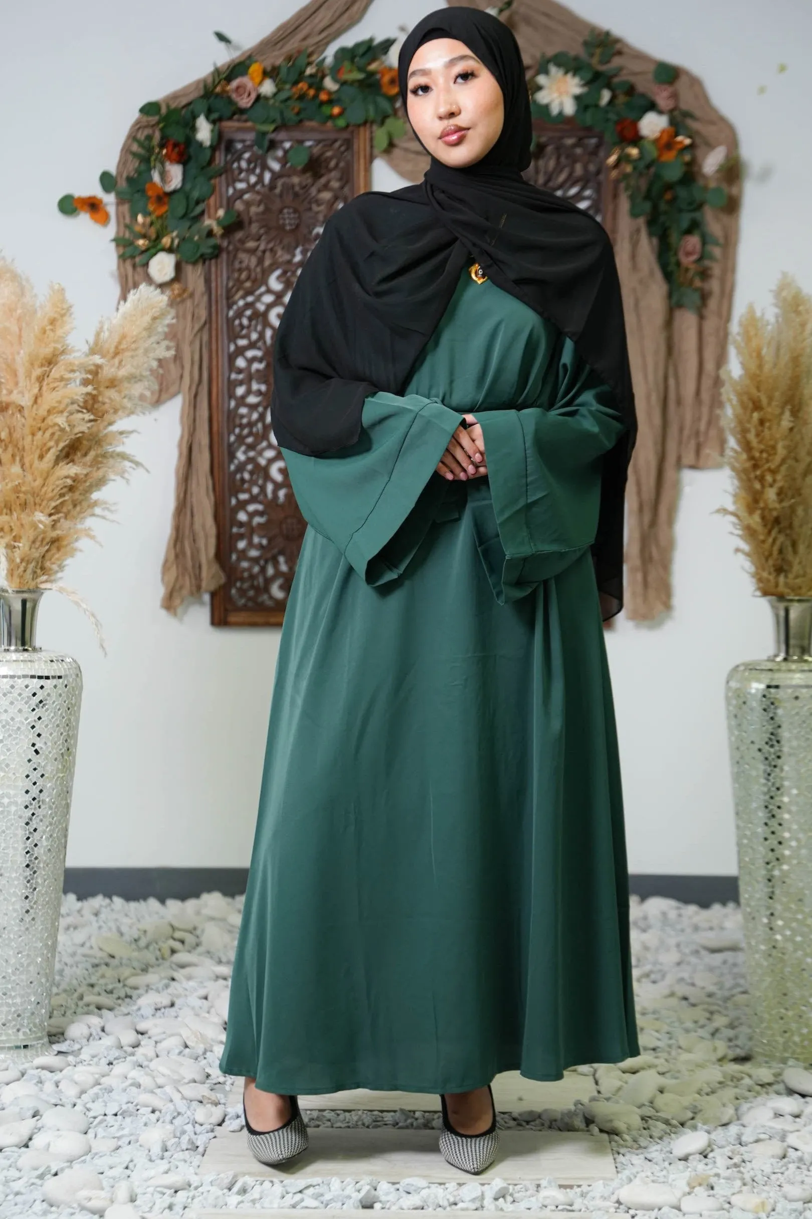 Dark Green Kimono Sleeve Abaya Maxi Dress