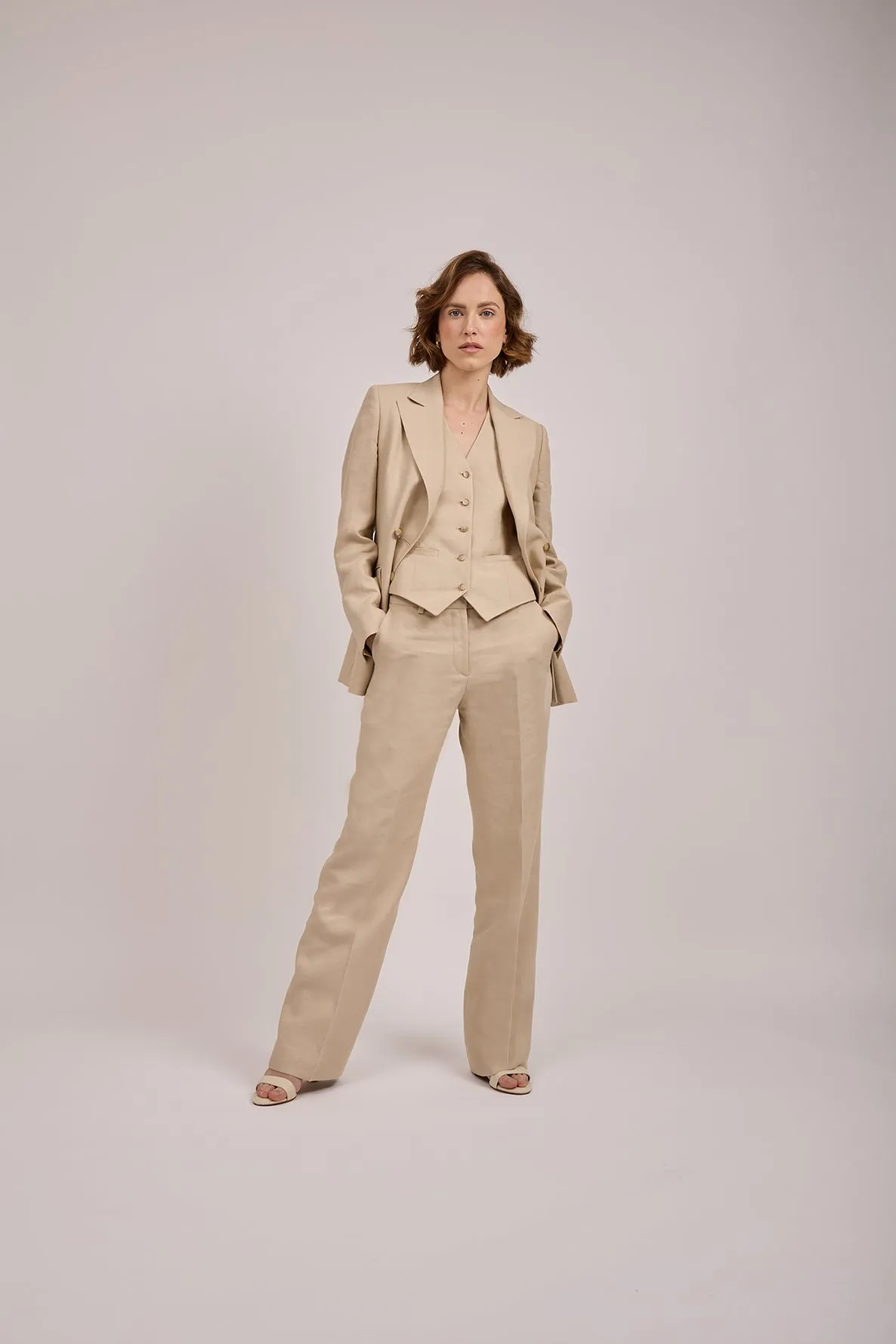 Double Breasted Blazer in Neutral Linen by Anna James