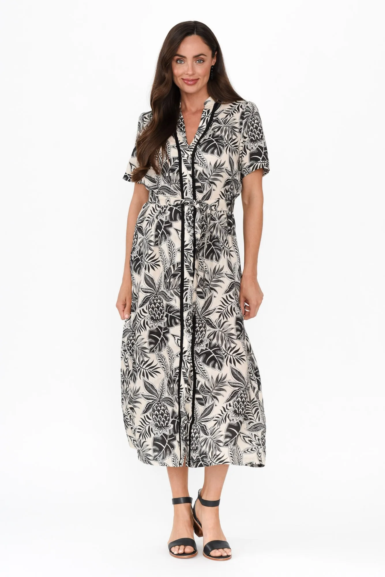 Essadora Black Leaf Linen Dress