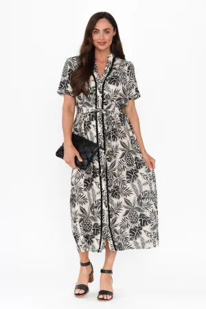 Essadora Black Leaf Linen Dress