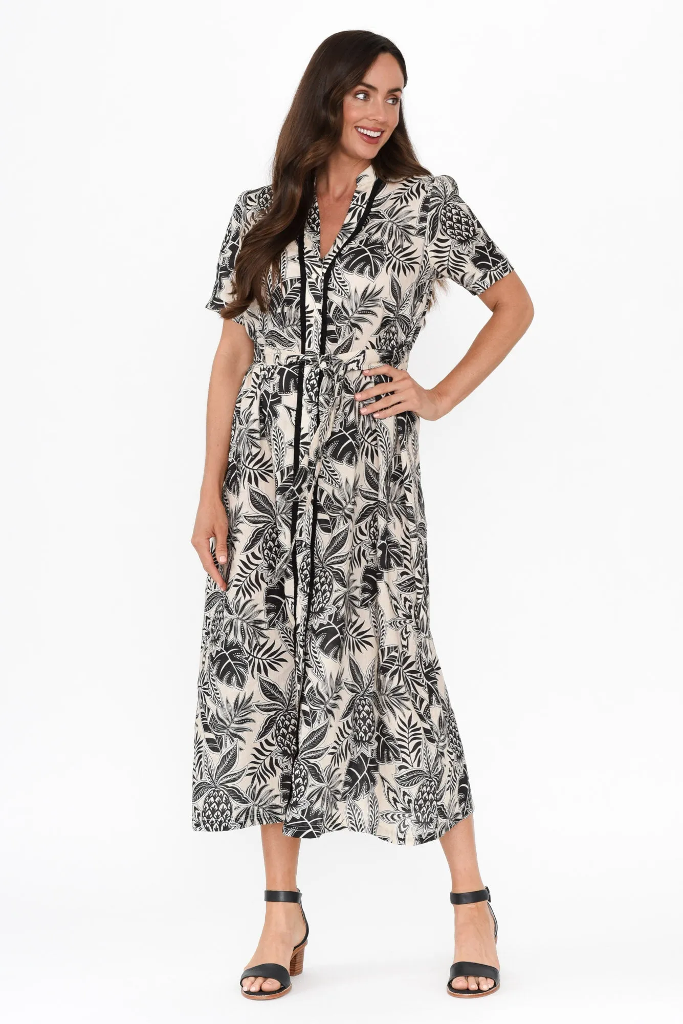 Essadora Black Leaf Linen Dress