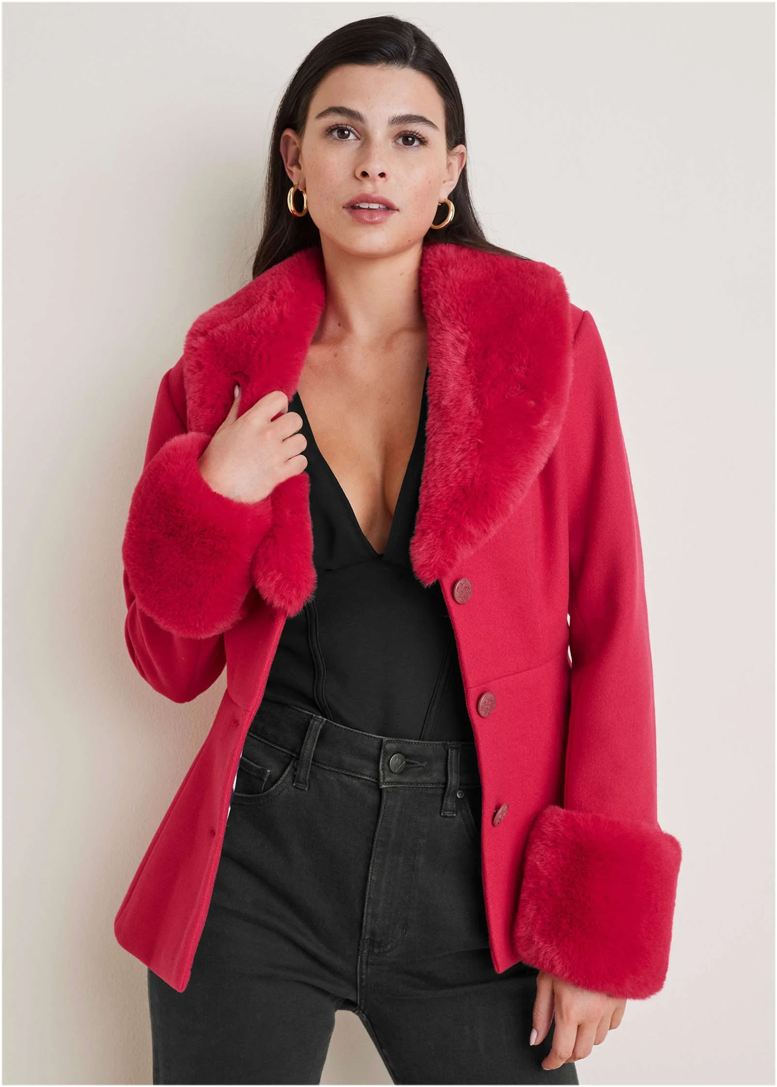 Faux Fur Trim Jacket - Barberry