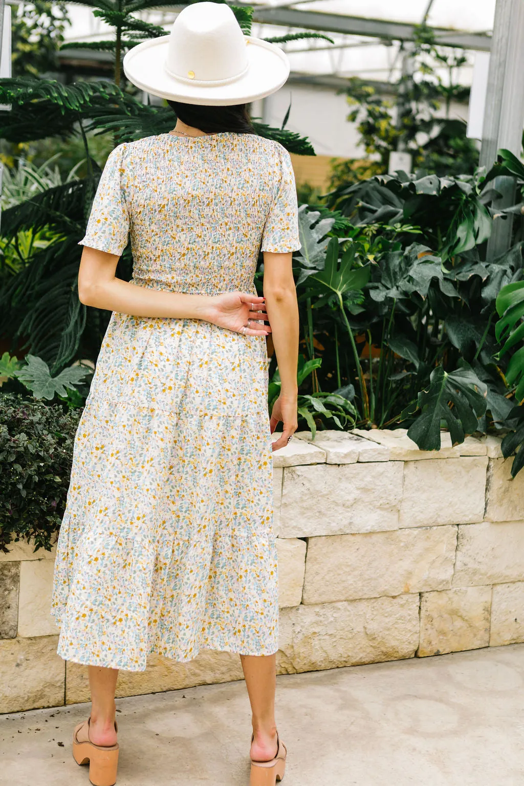 Fields of Gold Floral Smocked Midi Dress // Taupe