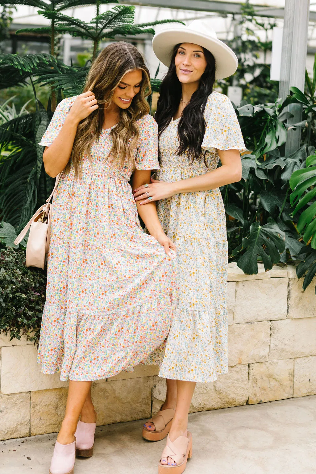 Fields of Gold Floral Smocked Midi Dress // Taupe