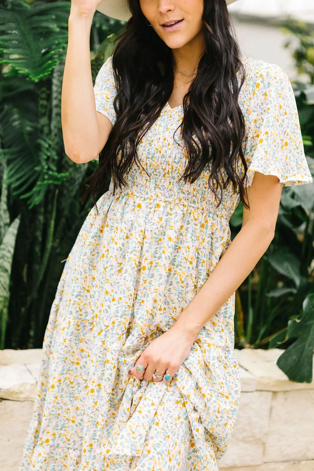 Fields of Gold Floral Smocked Midi Dress // Taupe