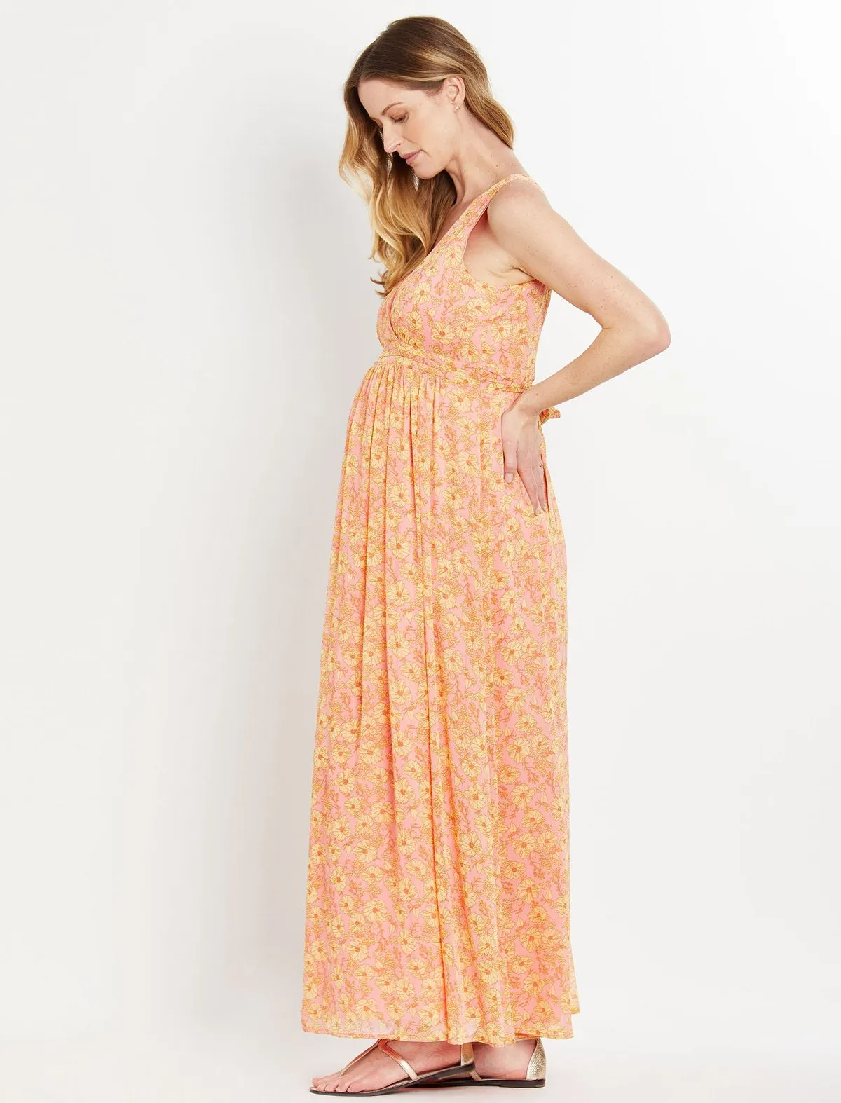 Floral Chiffon Maternity Maxi Dress in Pink Yellow Floral