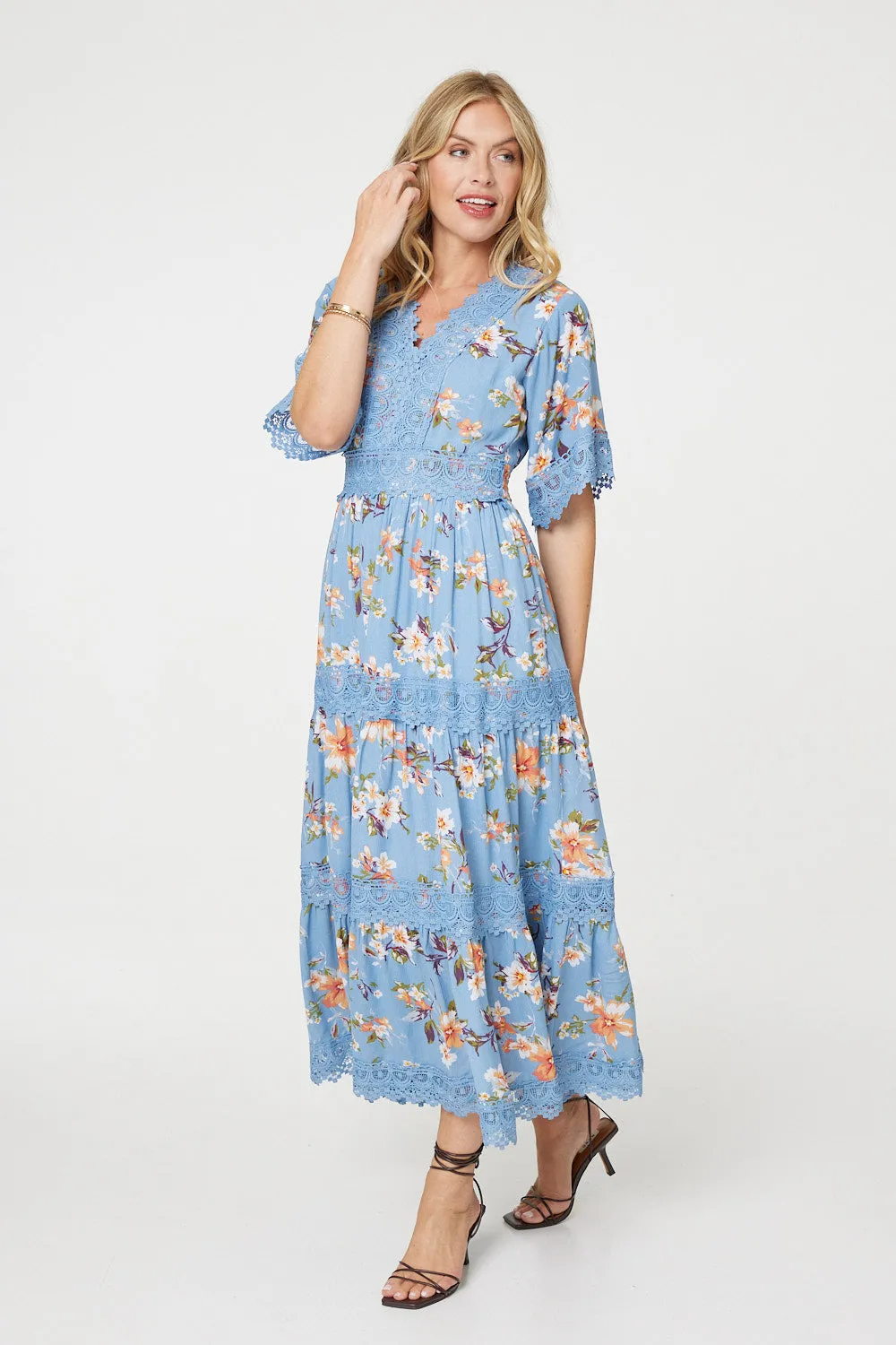 Floral Lace Trim Tiered Maxi Dress