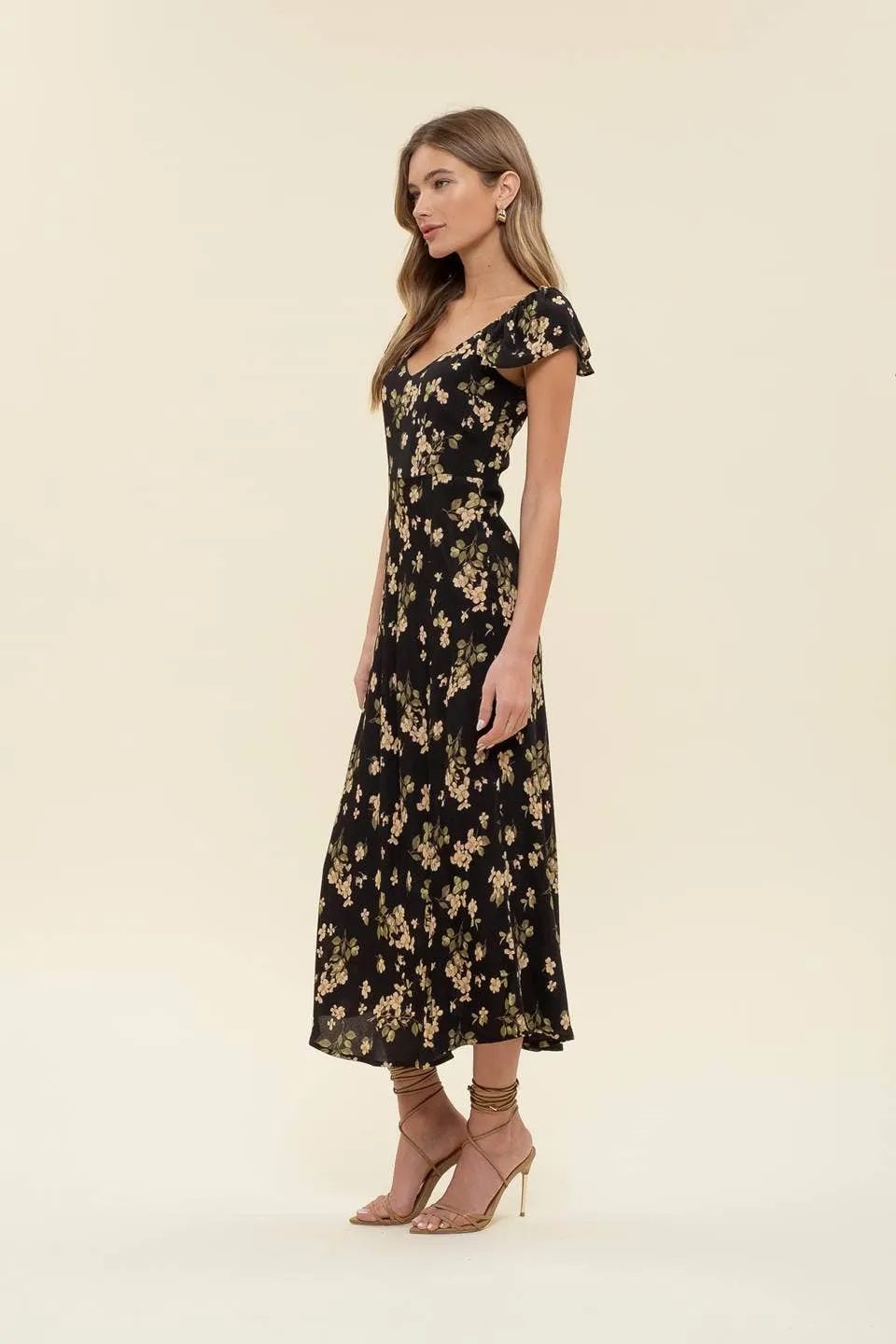 FLORAL V NECK RUFFLE SLEEVE SIDE SLIT MIDI DRESS