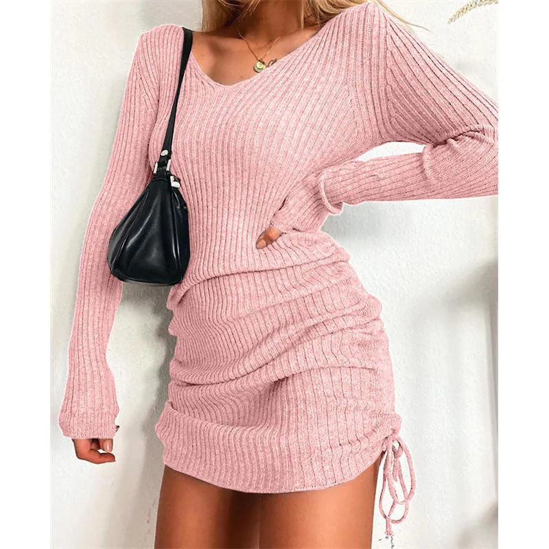 Flytonnshop winter outfits men Dress Women's Sweater Skirt Bottoming Skirt Sexy Slim Thread Skirt Pleated Drawstring