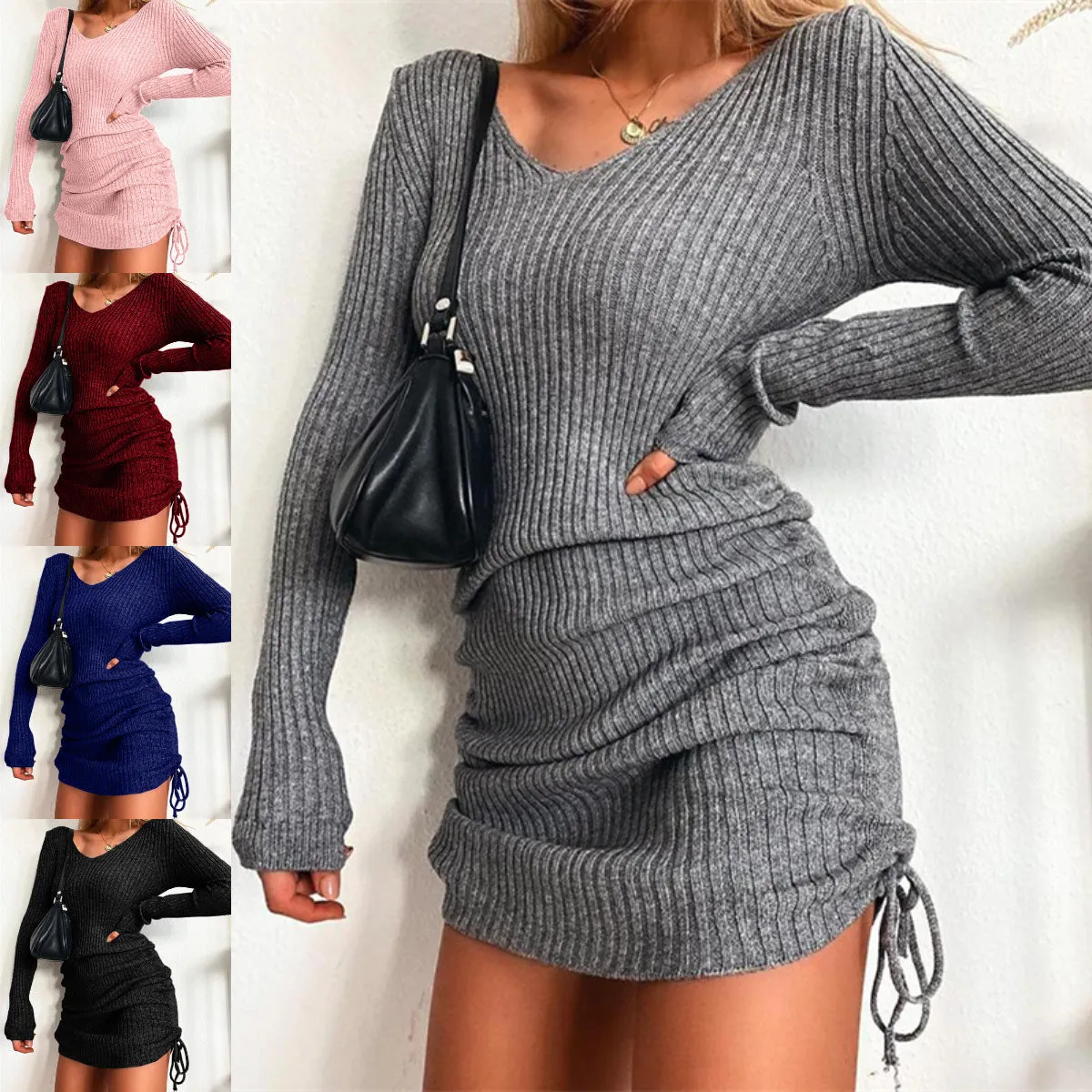 Flytonnshop winter outfits men Dress Women's Sweater Skirt Bottoming Skirt Sexy Slim Thread Skirt Pleated Drawstring