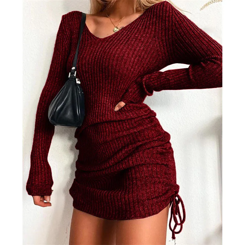 Flytonnshop winter outfits men Dress Women's Sweater Skirt Bottoming Skirt Sexy Slim Thread Skirt Pleated Drawstring