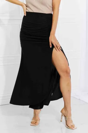 Full Size Up and Up Ruched Slit Maxi Skirt in Black