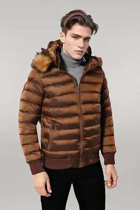 Fur Hooded Men's Puffer Coat in Tan | Wessi