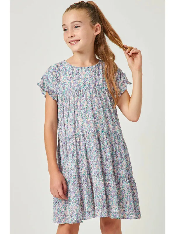 Girls Crinkle Pleated Floral Ruffle Sleeve Dress