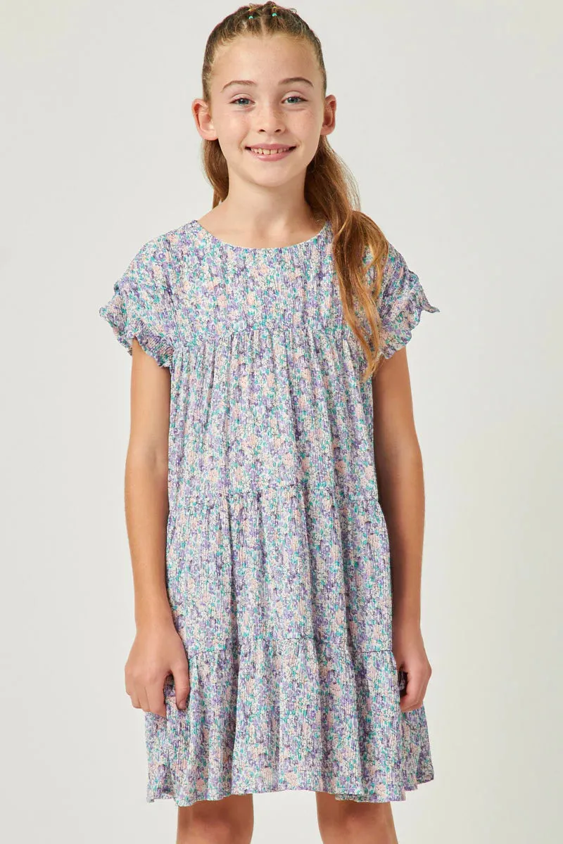 Girls Crinkle Pleated Floral Ruffle Sleeve Dress