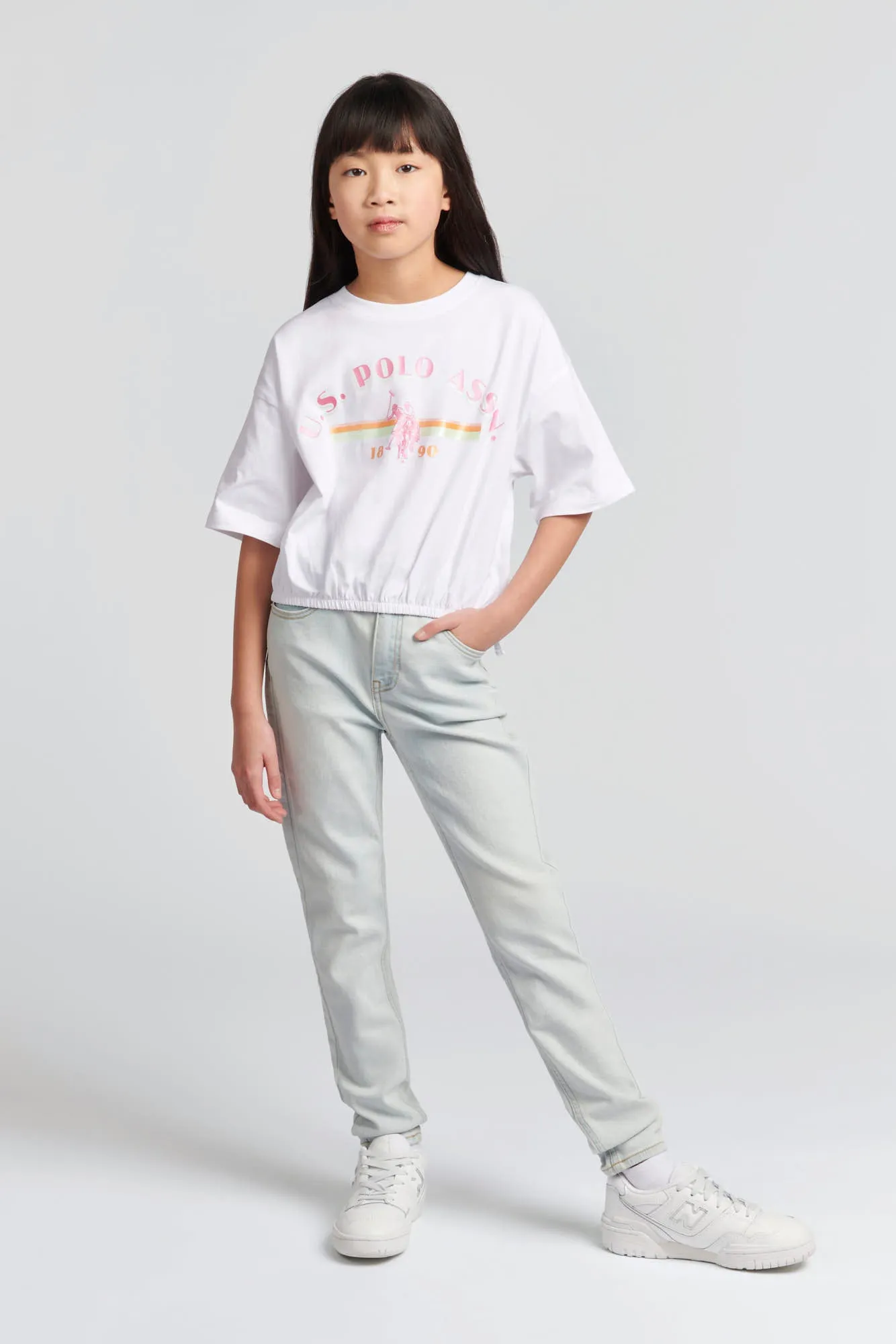 Girls Elastic Hem T-Shirt in Bright White