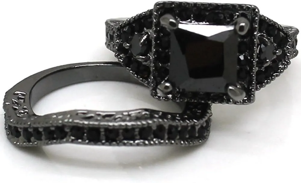 Gorgeous Gothic Romance Black CZ Engagement Ring & Wedding Band Set