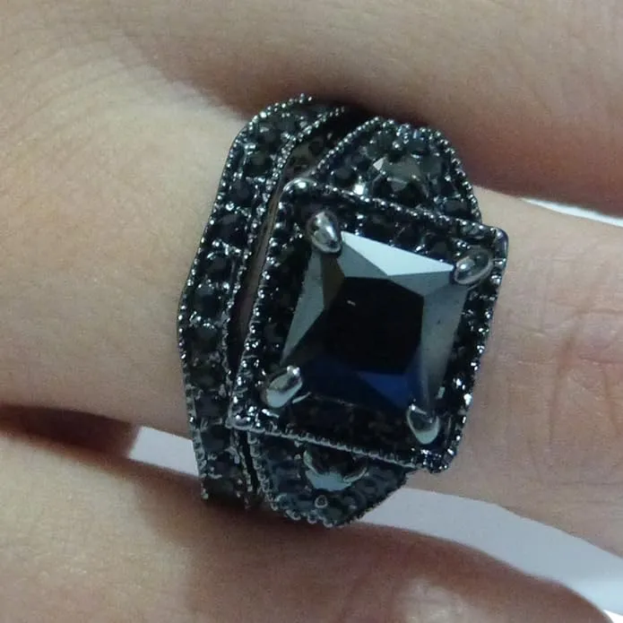 Gorgeous Gothic Romance Black CZ Engagement Ring & Wedding Band Set