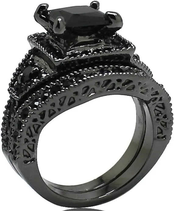 Gorgeous Gothic Romance Black CZ Engagement Ring & Wedding Band Set