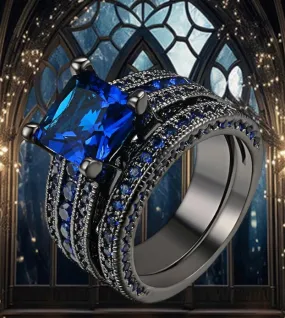 Gorgeous Gothic Romance Blue CZ Engagement Ring & Wedding Band Set