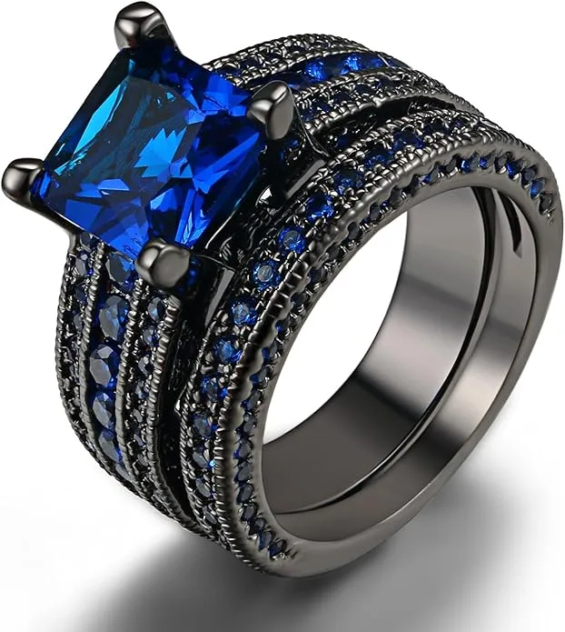 Gorgeous Gothic Romance Blue CZ Engagement Ring & Wedding Band Set