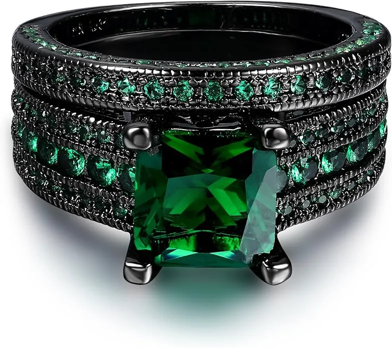 Gorgeous Gothic Romance Green CZ Engagement Ring & Wedding Band Set