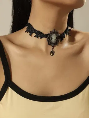 Gothic Romance Victorian Style Lace Cameo Choker Necklace