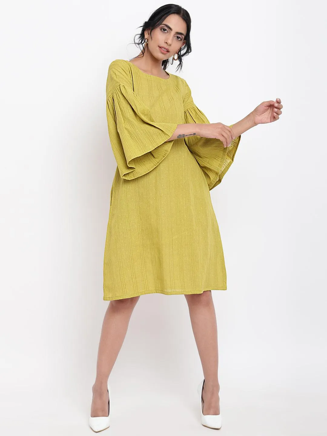 Green Cotton Gathered Sleeve Dress