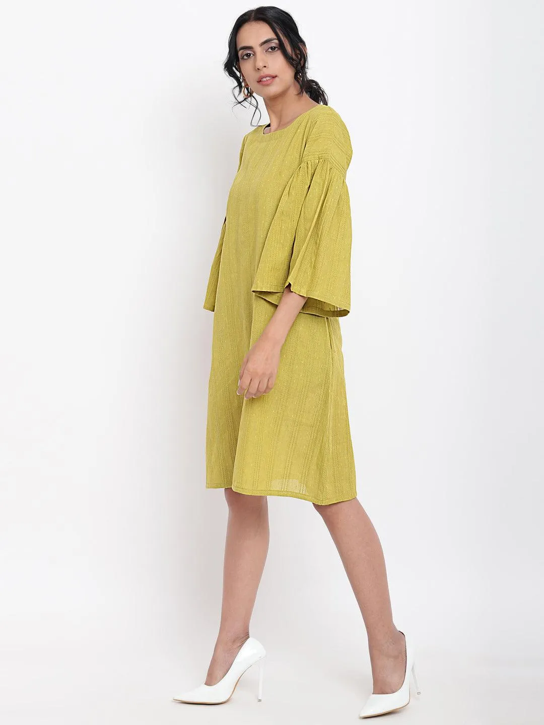 Green Cotton Gathered Sleeve Dress