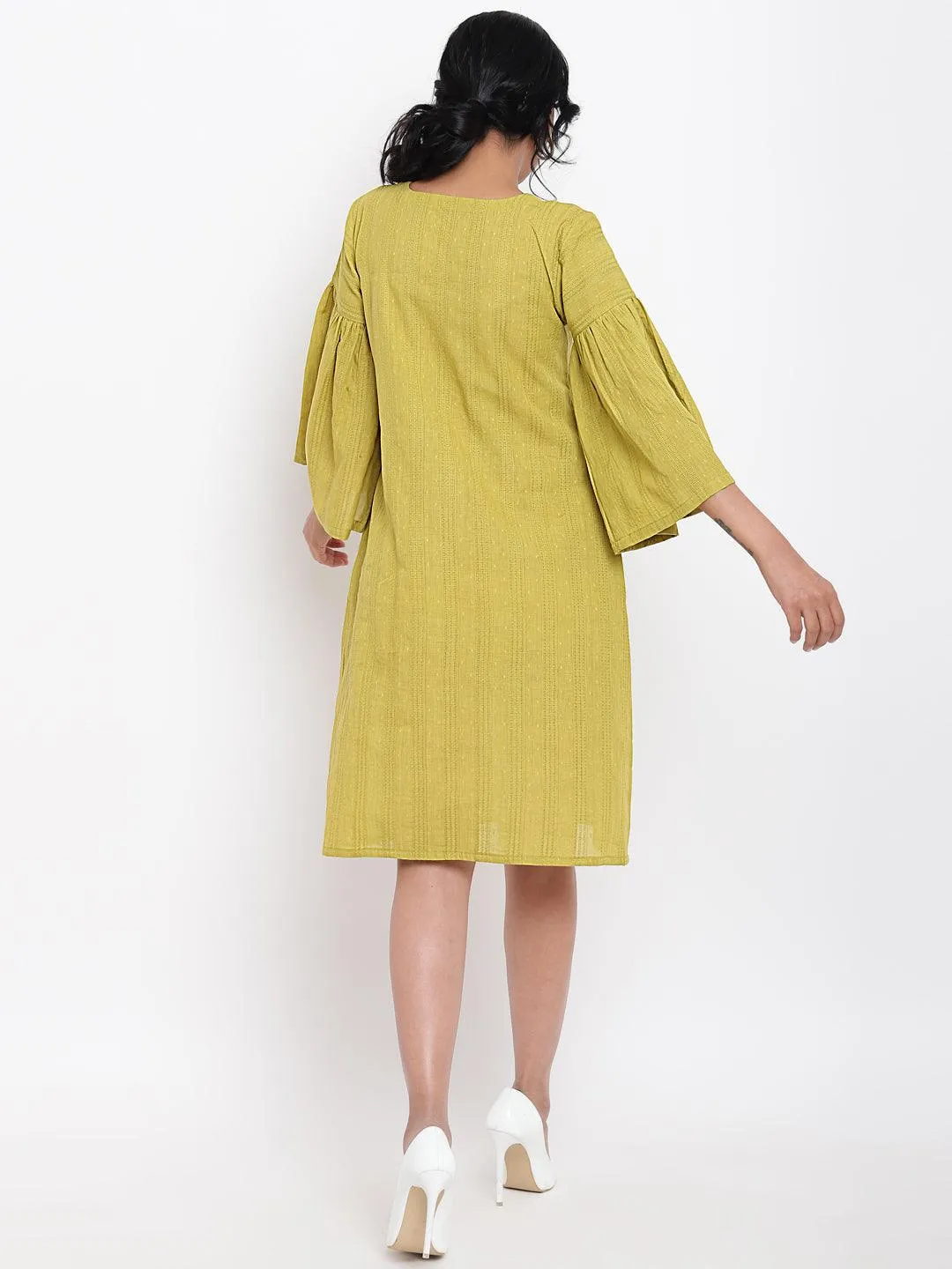 Green Cotton Gathered Sleeve Dress