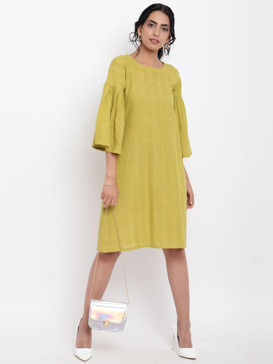 Green Cotton Gathered Sleeve Dress