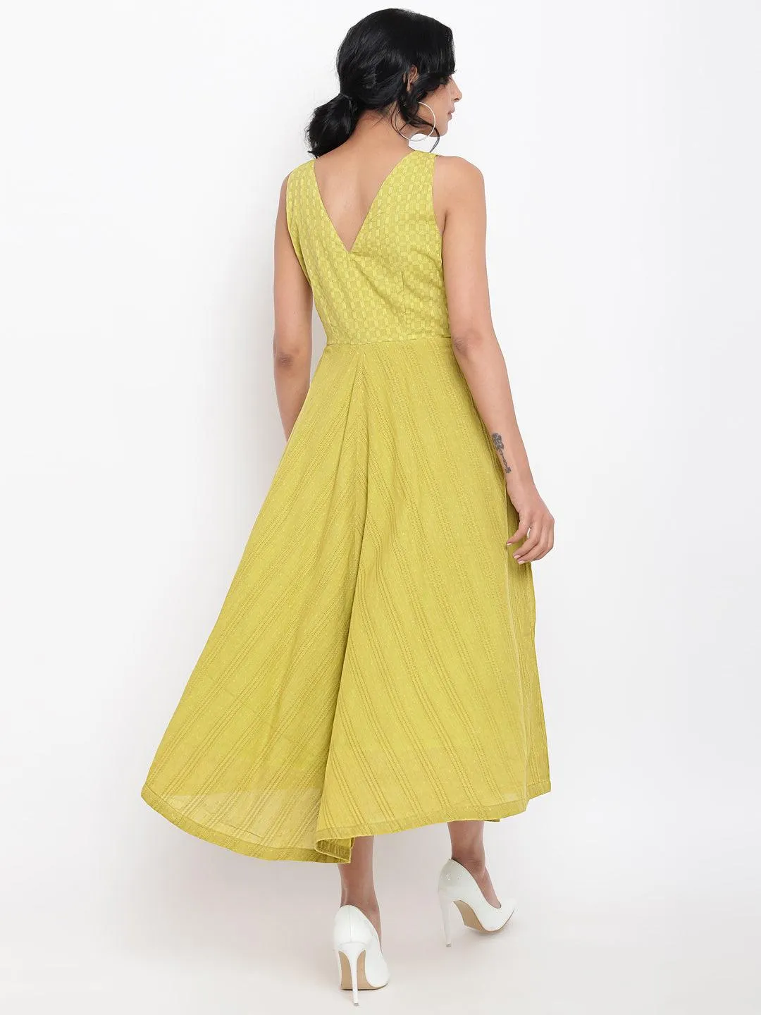 Green Cotton Panelled Flare Dress