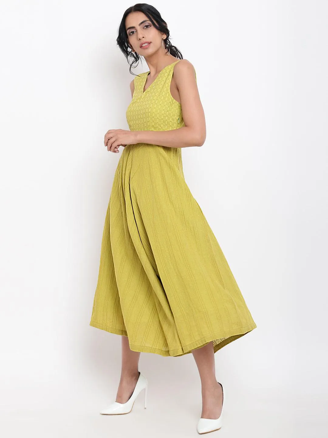 Green Cotton Panelled Flare Dress