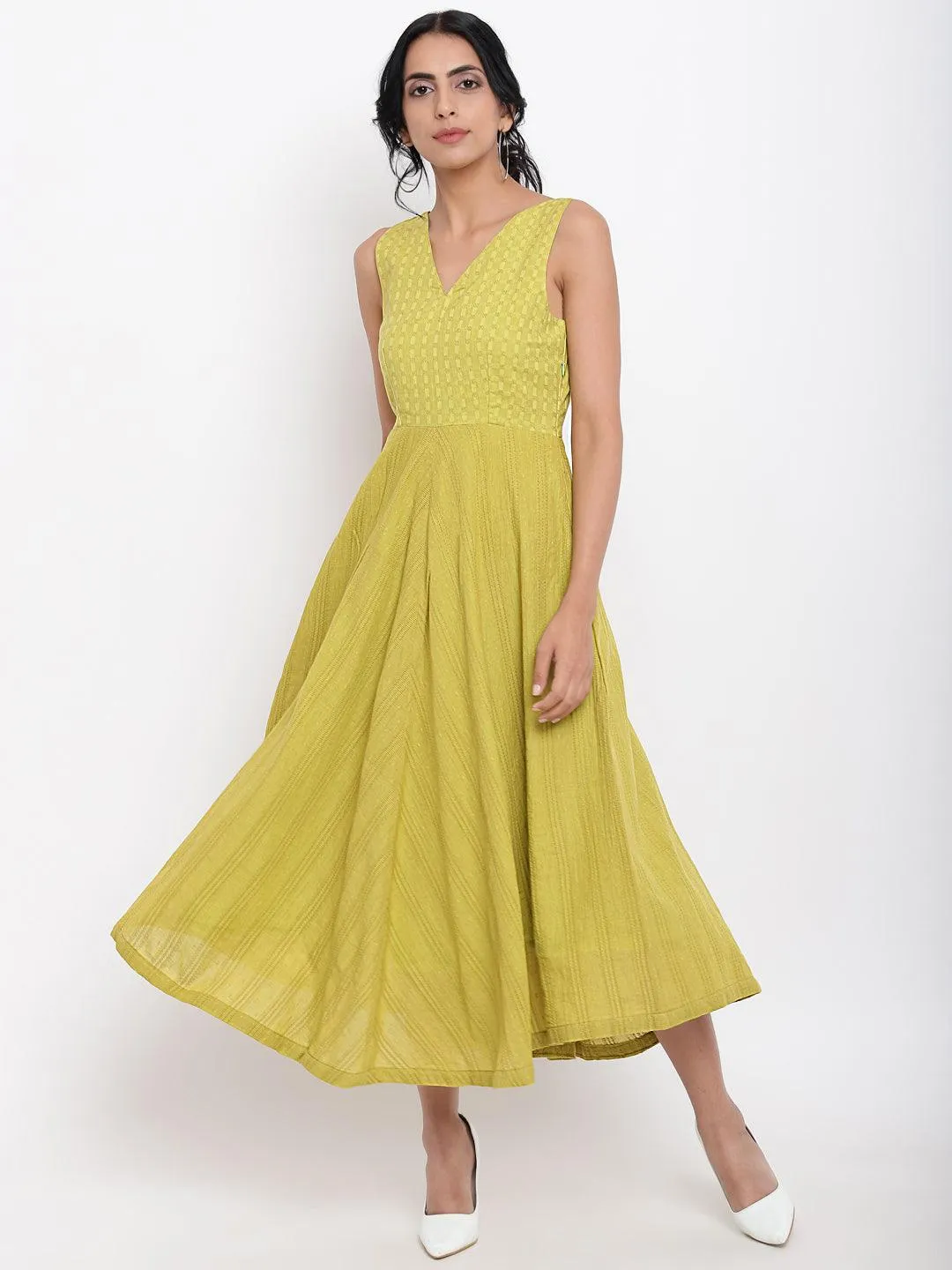 Green Cotton Panelled Flare Dress