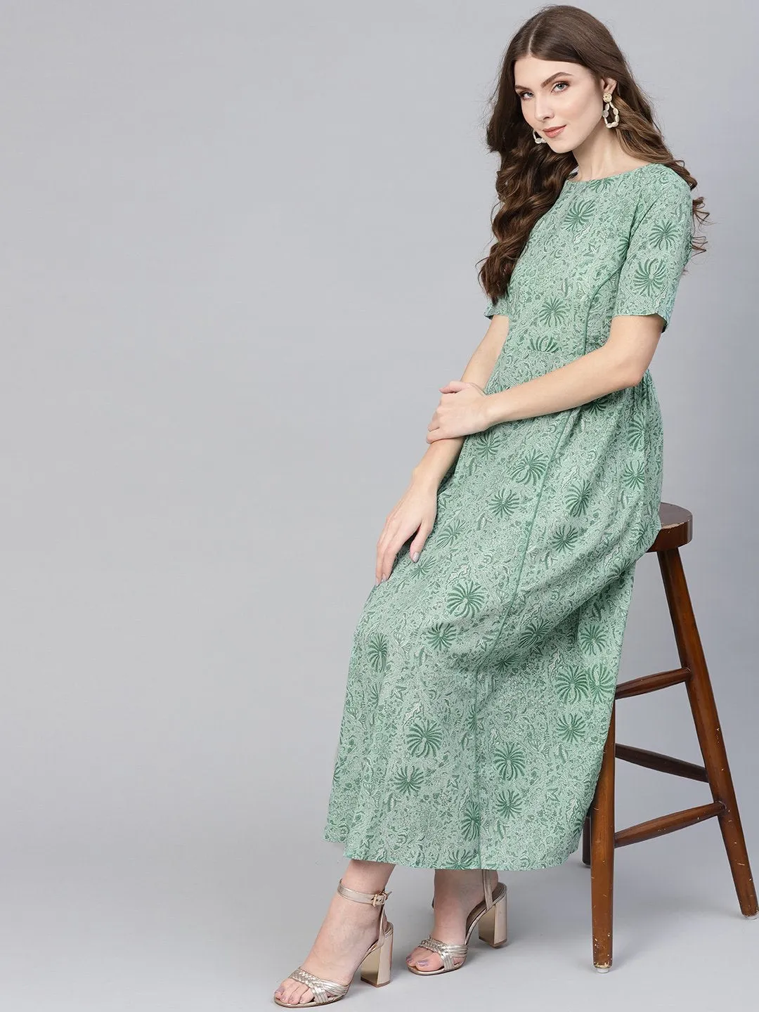 Green Floral Printed Maxi Dress With Elbow Sleeves  & Boat Neck