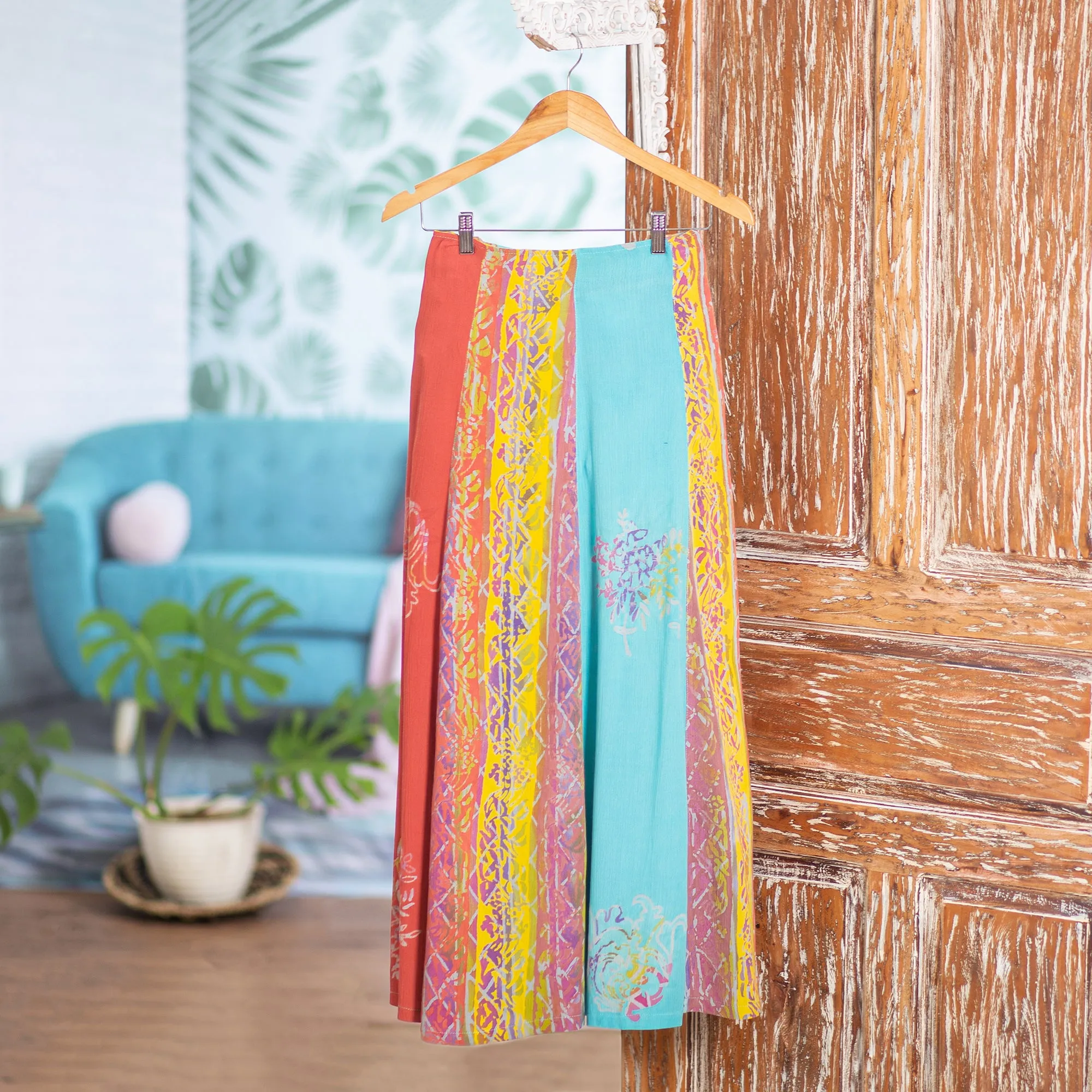 Hand Made Rayon Batik Maxi Skirt - Bali Rainbow | NOVICA