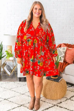 Harvest Happiness Floral Shift Dress in Scarlet Curves