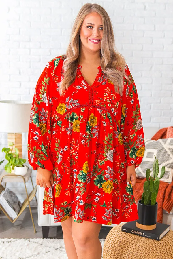 Harvest Happiness Floral Shift Dress in Scarlet Curves