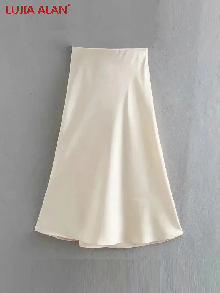 Hot Sale Solid Satin Elastic Waist Women A-Line Skirt Summer Female Slim Falda Midi LUJIA ALAN P1596