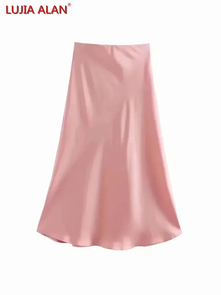 Hot Sale Solid Satin Elastic Waist Women A-Line Skirt Summer Female Slim Falda Midi LUJIA ALAN P1596