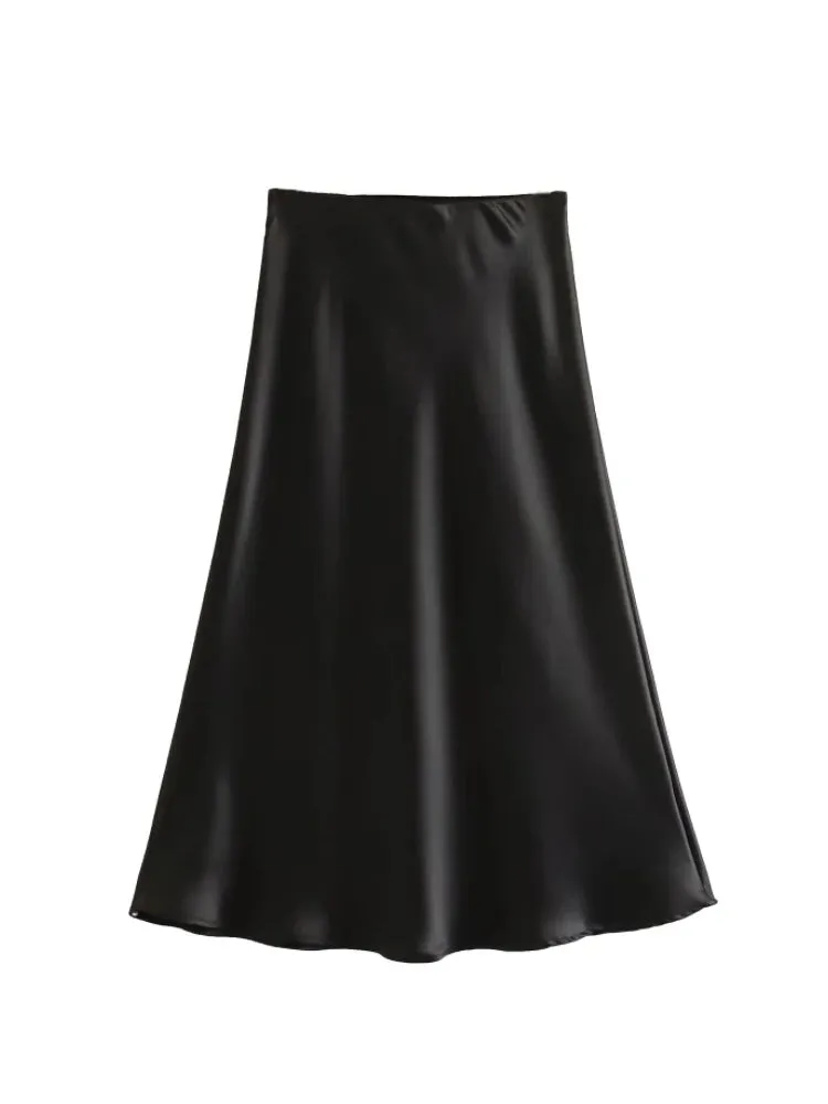 Hot Sale Solid Satin Elastic Waist Women A-Line Skirt Summer Female Slim Falda Midi LUJIA ALAN P1596