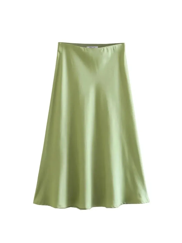 Hot Sale Solid Satin Elastic Waist Women A-Line Skirt Summer Female Slim Falda Midi LUJIA ALAN P1596