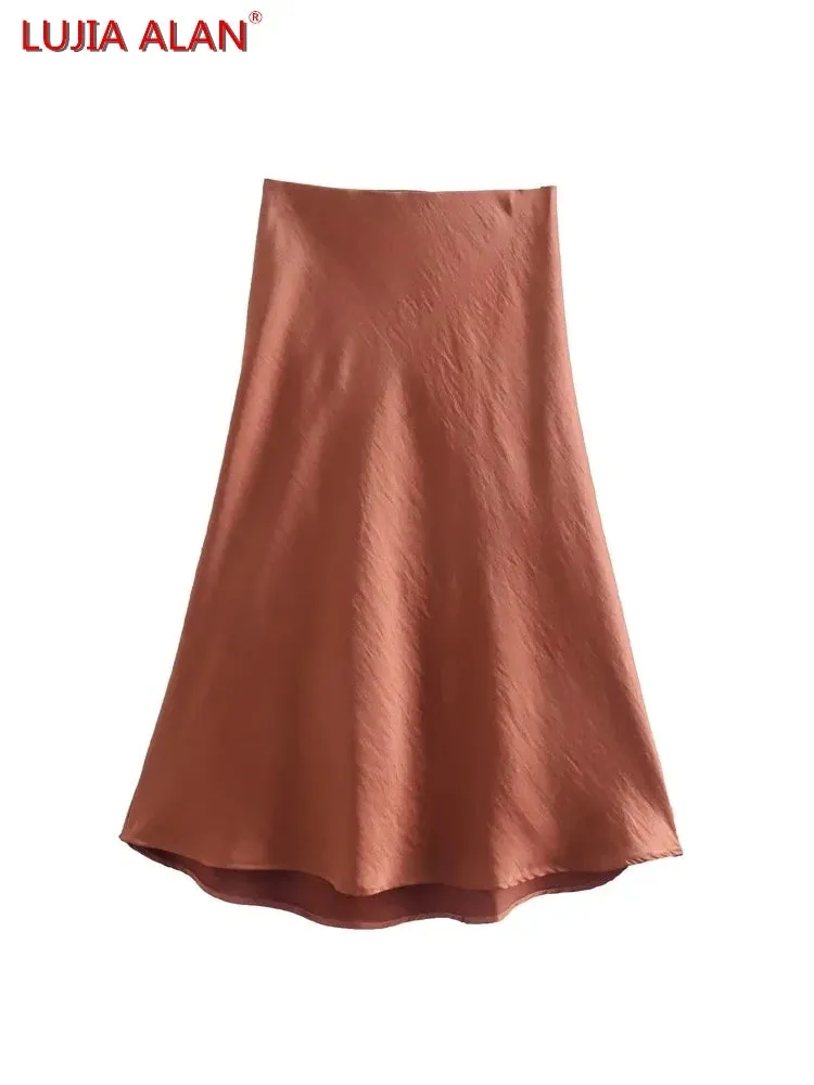 Hot Sale Solid Satin Elastic Waist Women A-Line Skirt Summer Female Slim Falda Midi LUJIA ALAN P1596