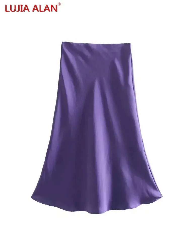 Hot Sale Solid Satin Elastic Waist Women A-Line Skirt Summer Female Slim Falda Midi LUJIA ALAN P1596