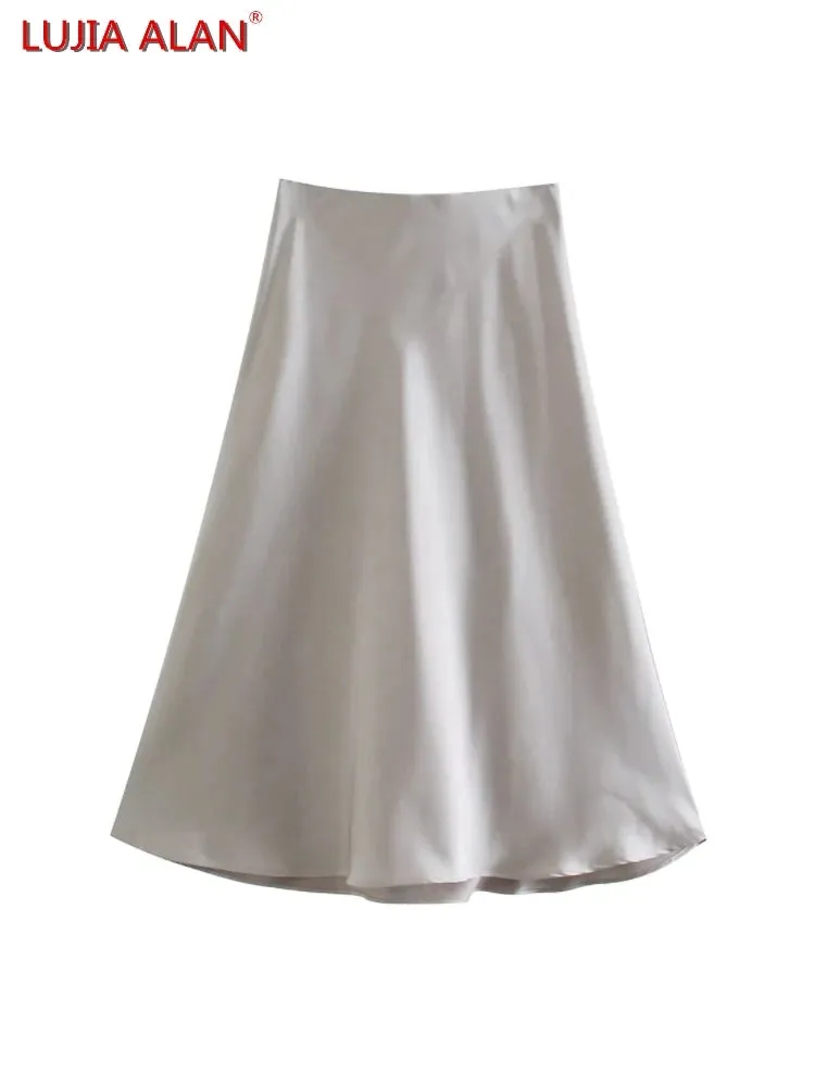 Hot Sale Solid Satin Elastic Waist Women A-Line Skirt Summer Female Slim Falda Midi LUJIA ALAN P1596