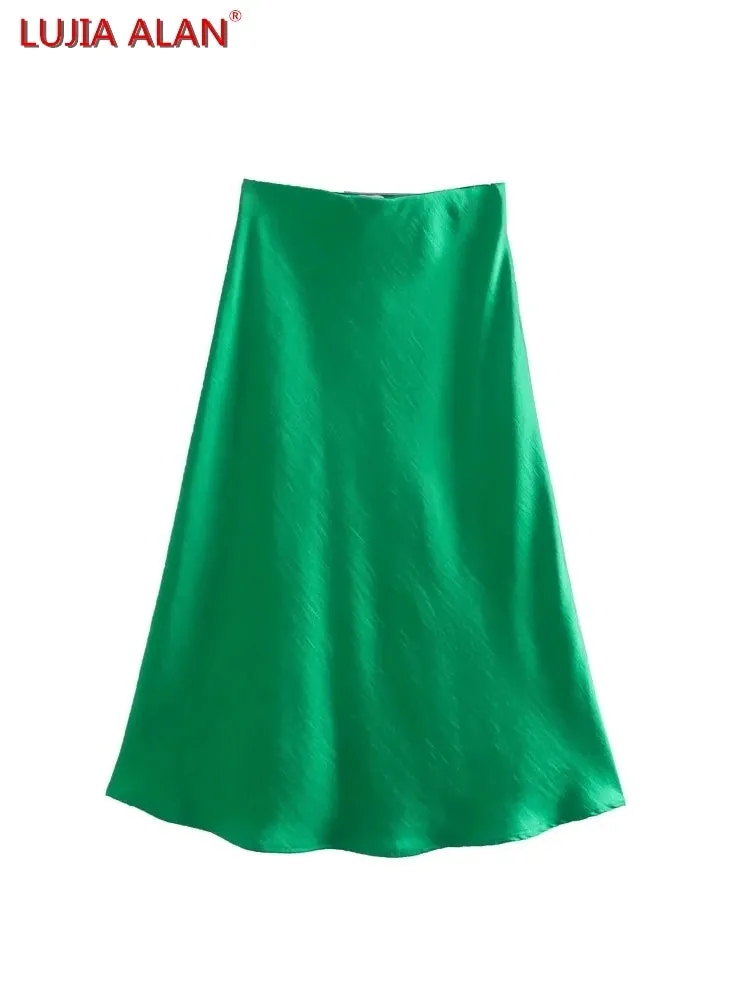 Hot Sale Solid Satin Elastic Waist Women A-Line Skirt Summer Female Slim Falda Midi LUJIA ALAN P1596