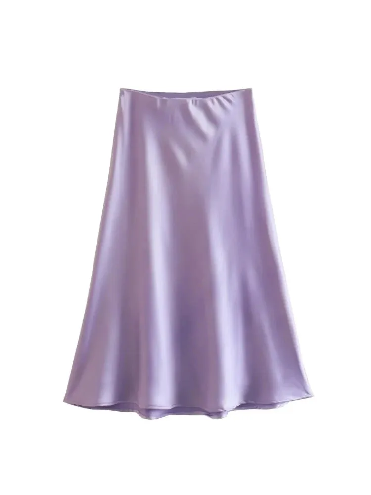 Hot Sale Solid Satin Elastic Waist Women A-Line Skirt Summer Female Slim Falda Midi LUJIA ALAN P1596