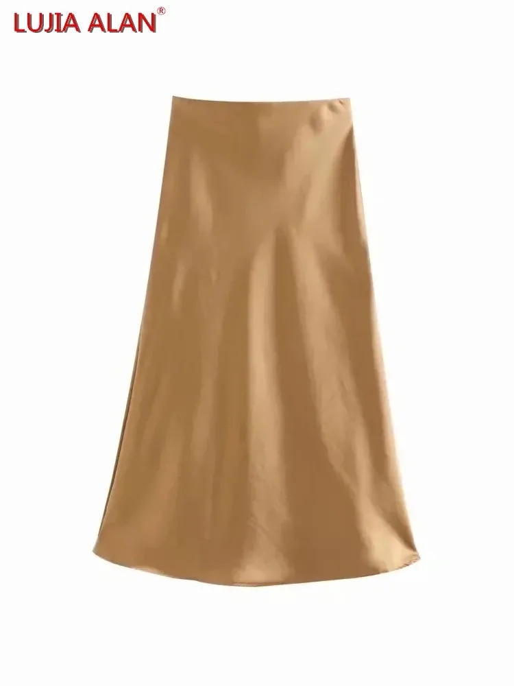 Hot Sale Solid Satin Elastic Waist Women A-Line Skirt Summer Female Slim Falda Midi LUJIA ALAN P1596