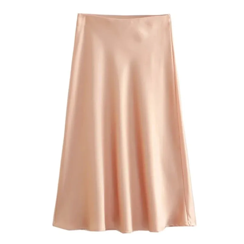 Hot Sale Solid Satin Elastic Waist Women A-Line Skirt Summer Female Slim Falda Midi LUJIA ALAN P1596