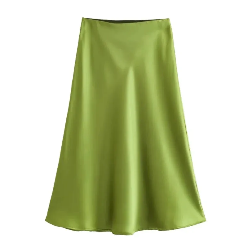 Hot Sale Solid Satin Elastic Waist Women A-Line Skirt Summer Female Slim Falda Midi LUJIA ALAN P1596